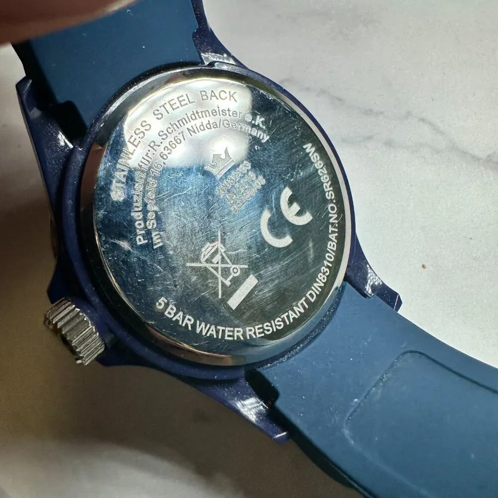 Sempre Watch Men Silver Tone Blue Silicone Band Fluted Bezel New Battery 9.5